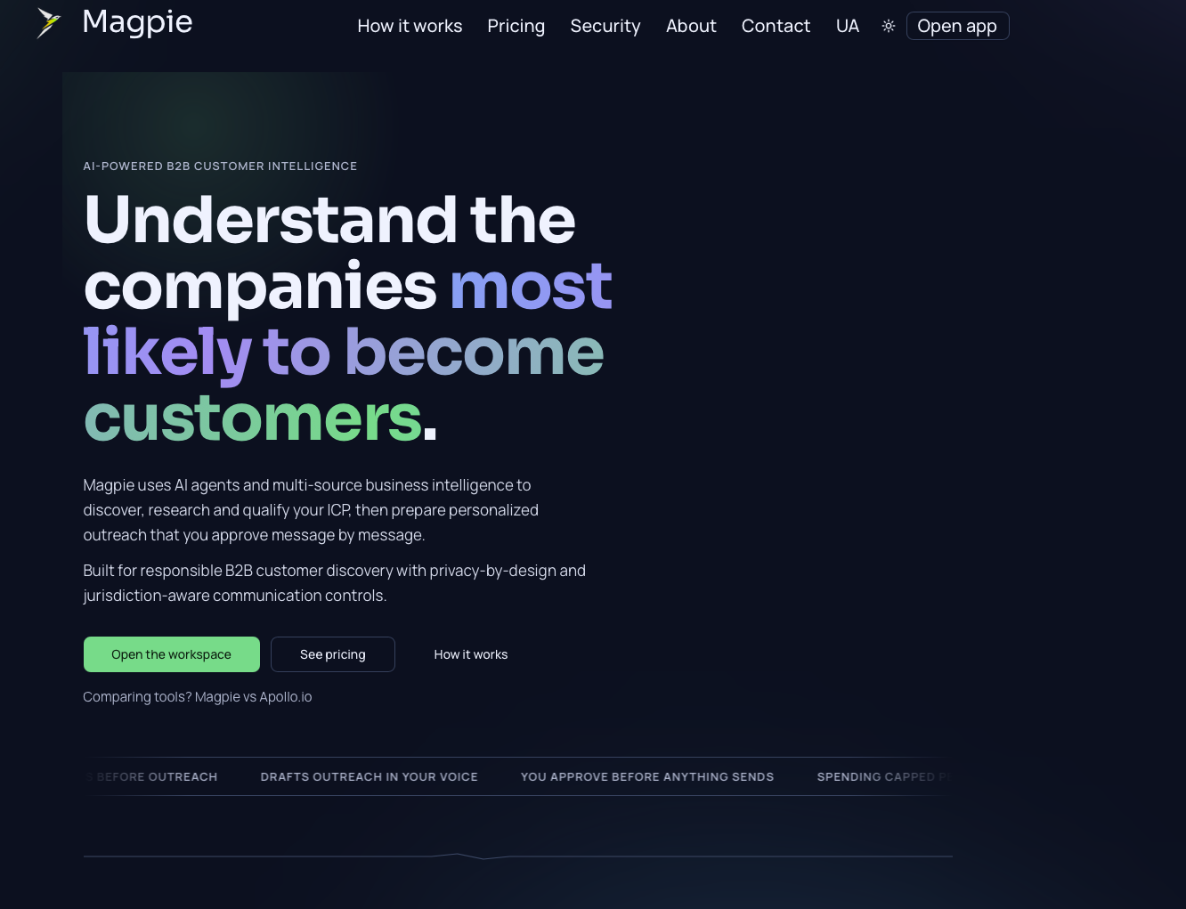 Screenshot of the Magpie website homepage